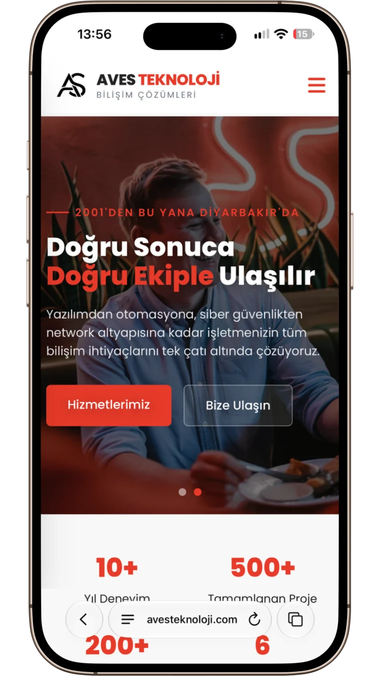 Telefonda açılmış Aves Teknoloji web sitesi — açılış ekranı ve iletişim butonları