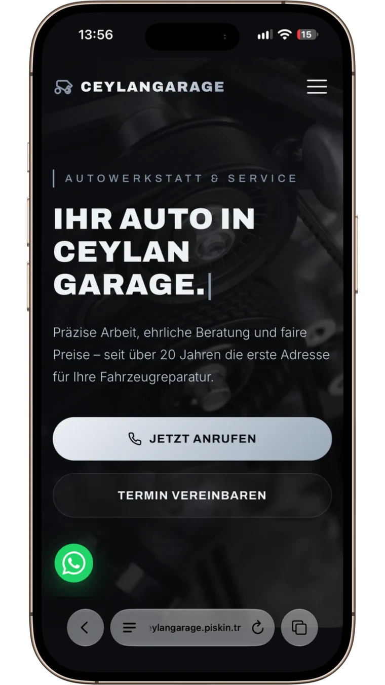 Telefonda açılmış Ceylan Garage web sitesi — açılış ekranı ve iletişim butonu