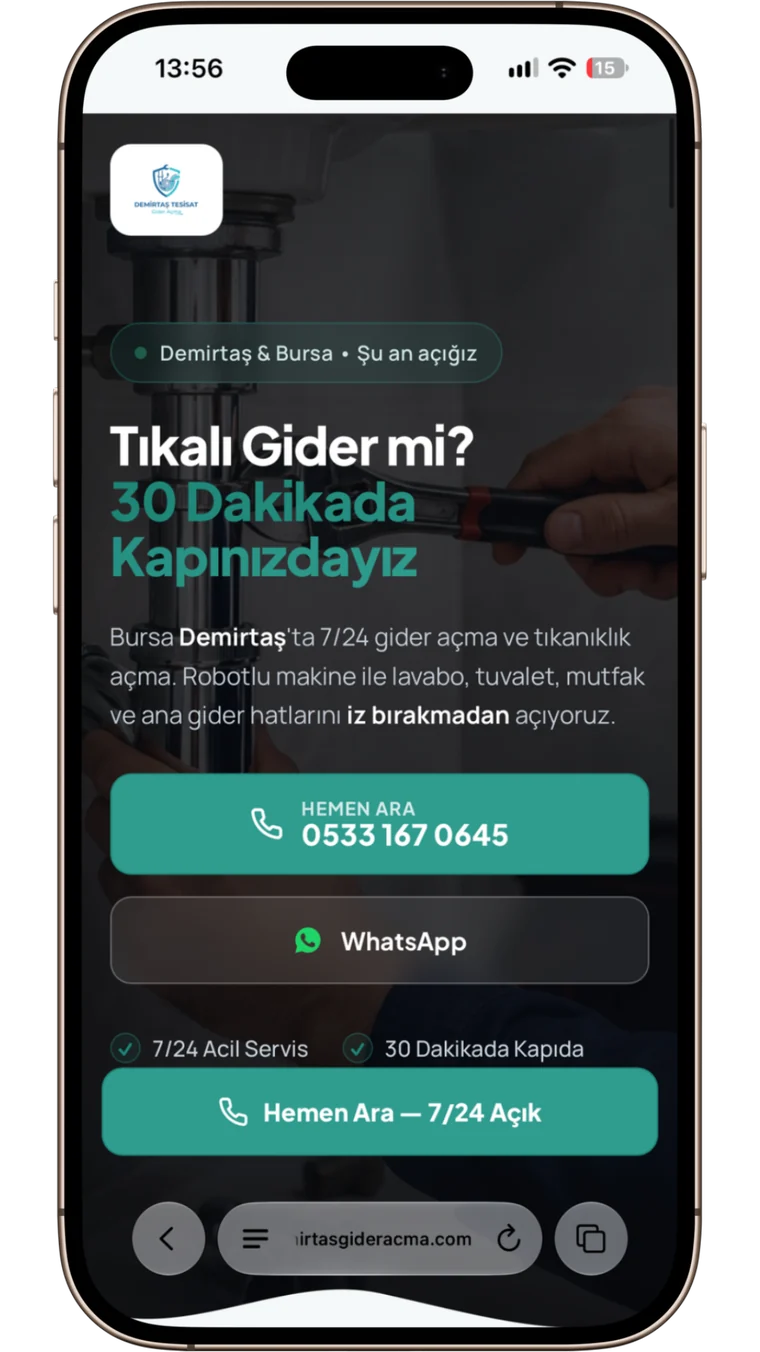 Telefonda açılmış Demirtaş Tesisat web sitesi — açılış ekranı ve arama butonu